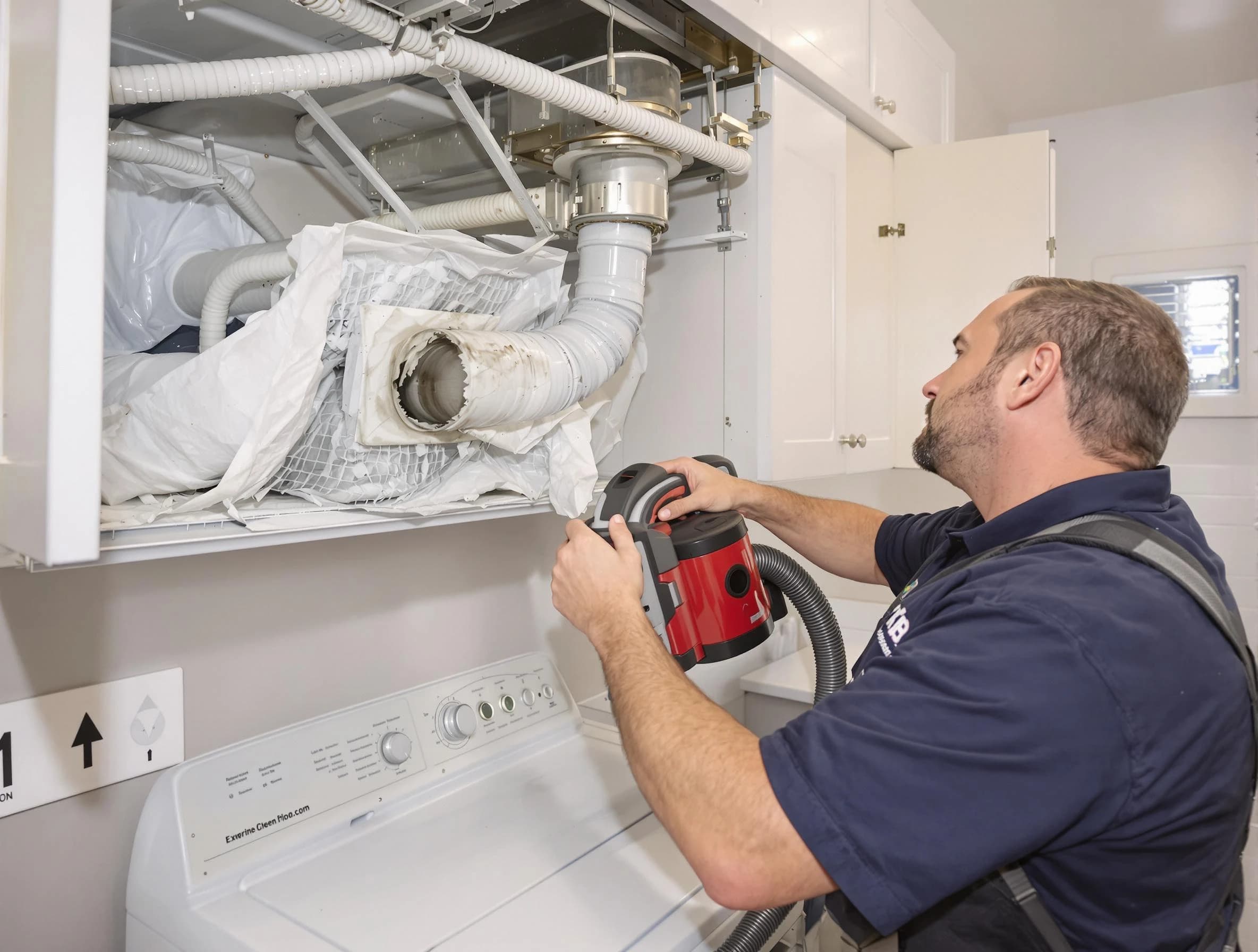Hemet Dryer Vent Cleaning technician performing professional exhaust vent cleaning at a residential property in Hemet