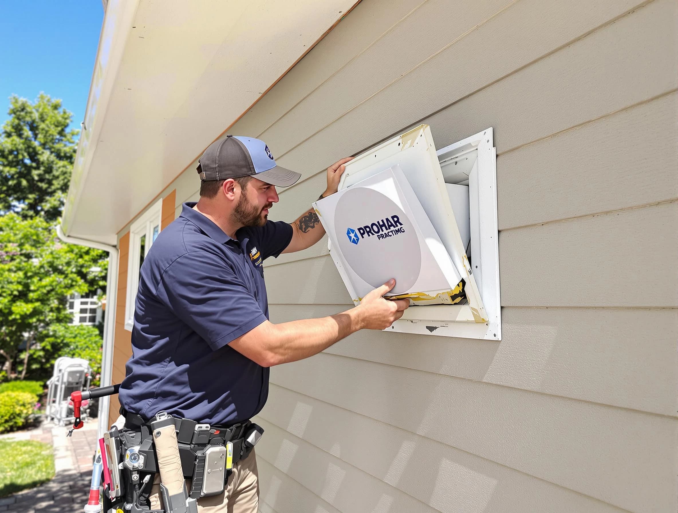 Hemet Dryer Vent Cleaning technician installing a new protective dryer vent cover on a home in Hemet