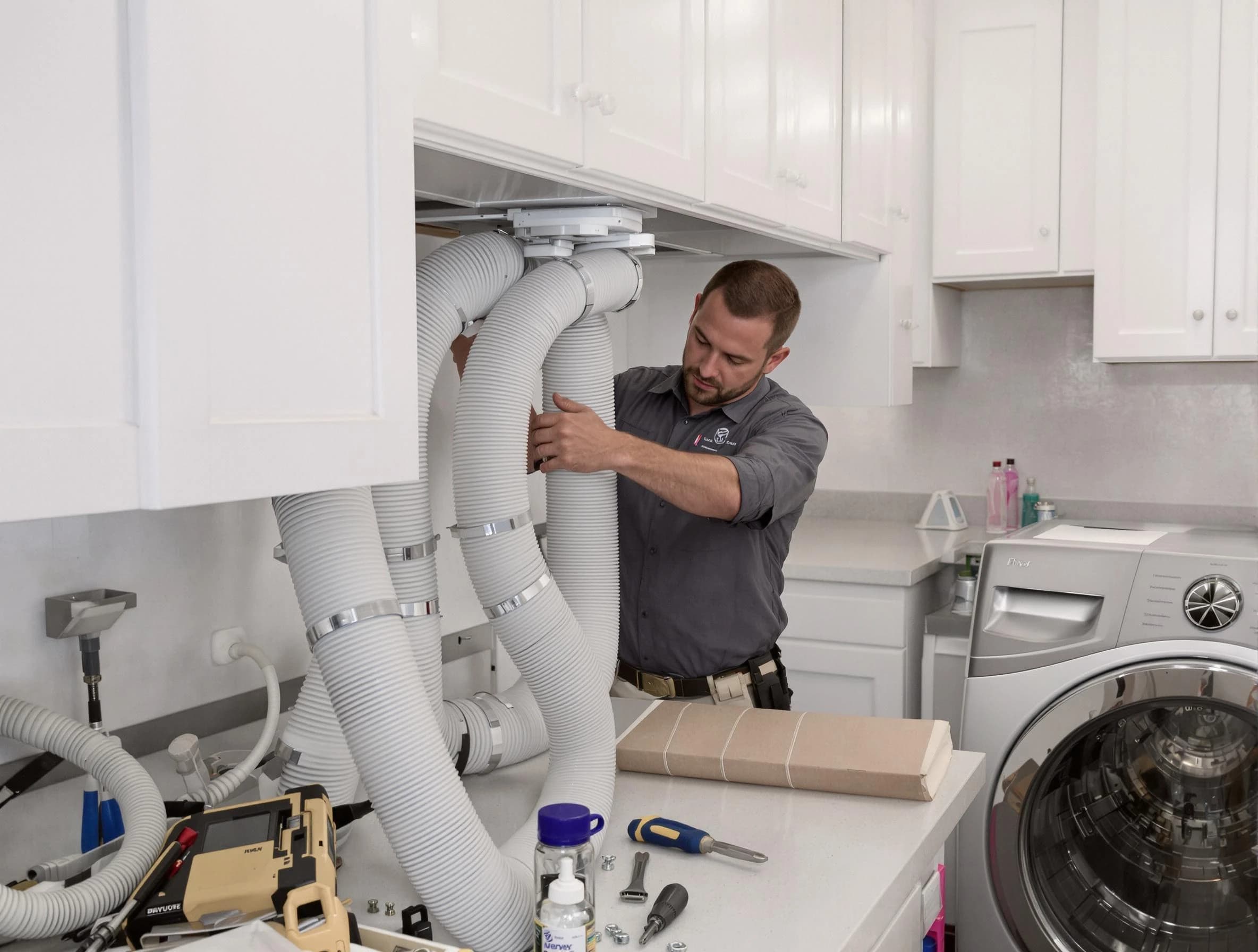 Hemet Dryer Vent Cleaning technician installing a new professional-grade dryer vent hose in Hemet