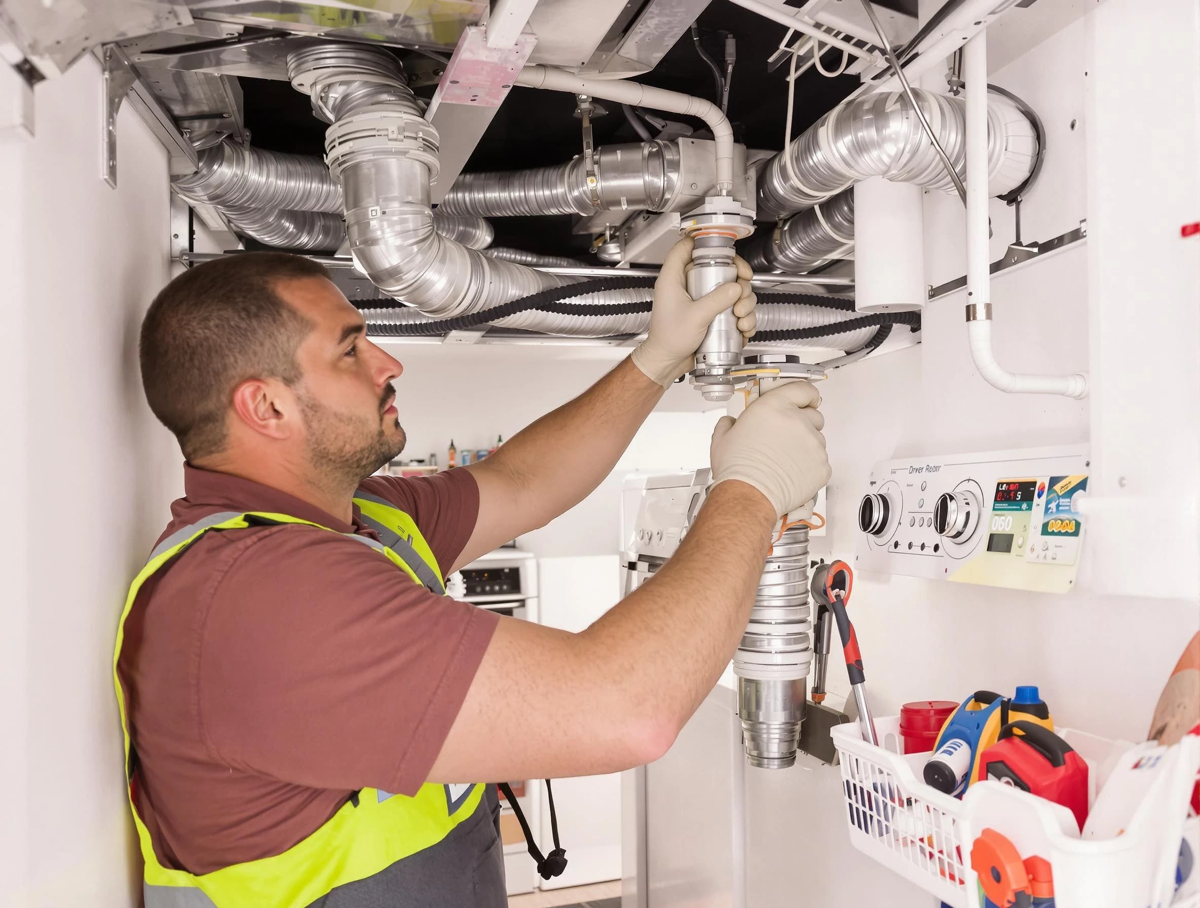 Hemet Dryer Vent Cleaning expert performing both repair and installation work on a dryer vent system in Hemet