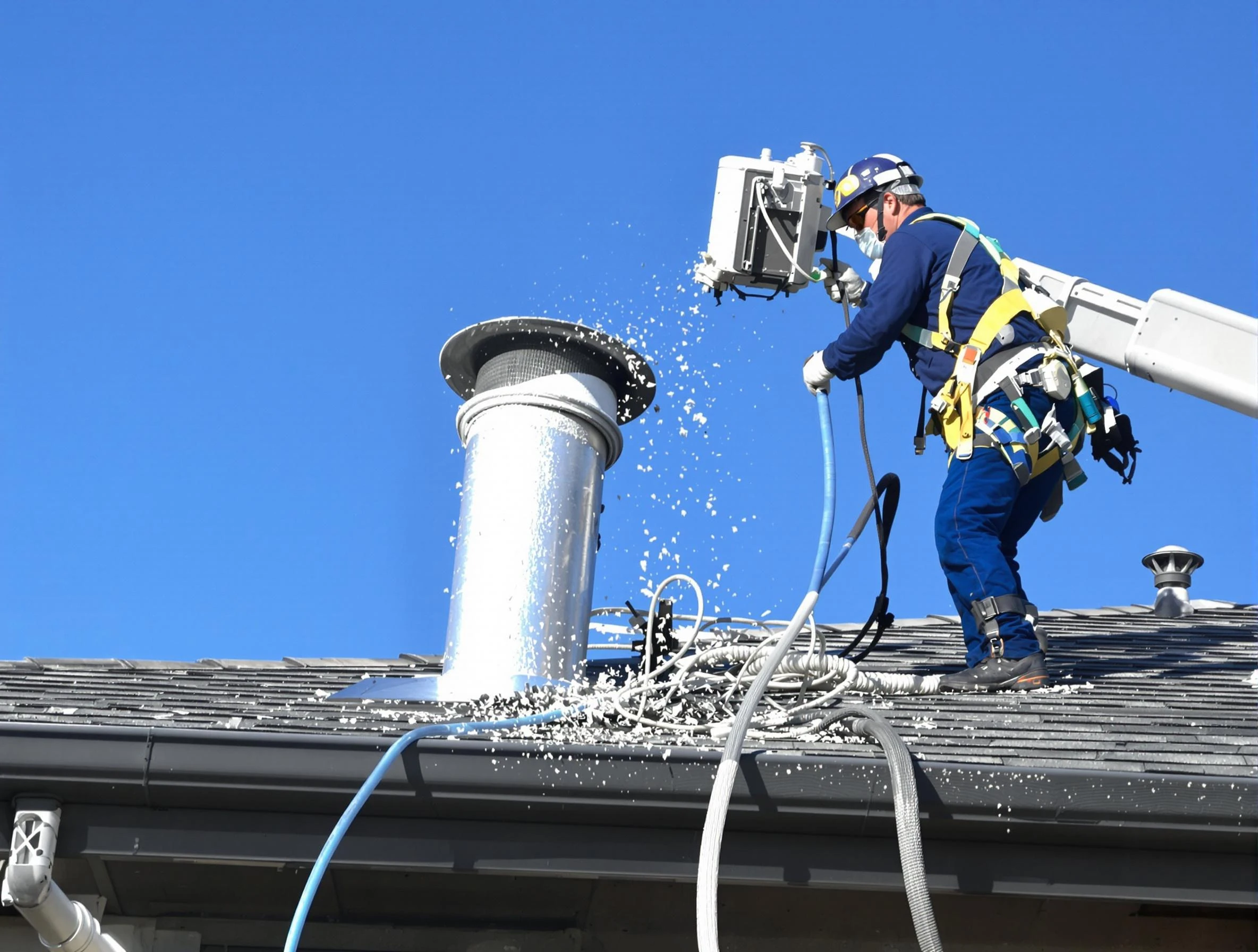 Hemet Dryer Vent Cleaning certified technician safely cleaning a roof-mounted dryer vent in Hemet