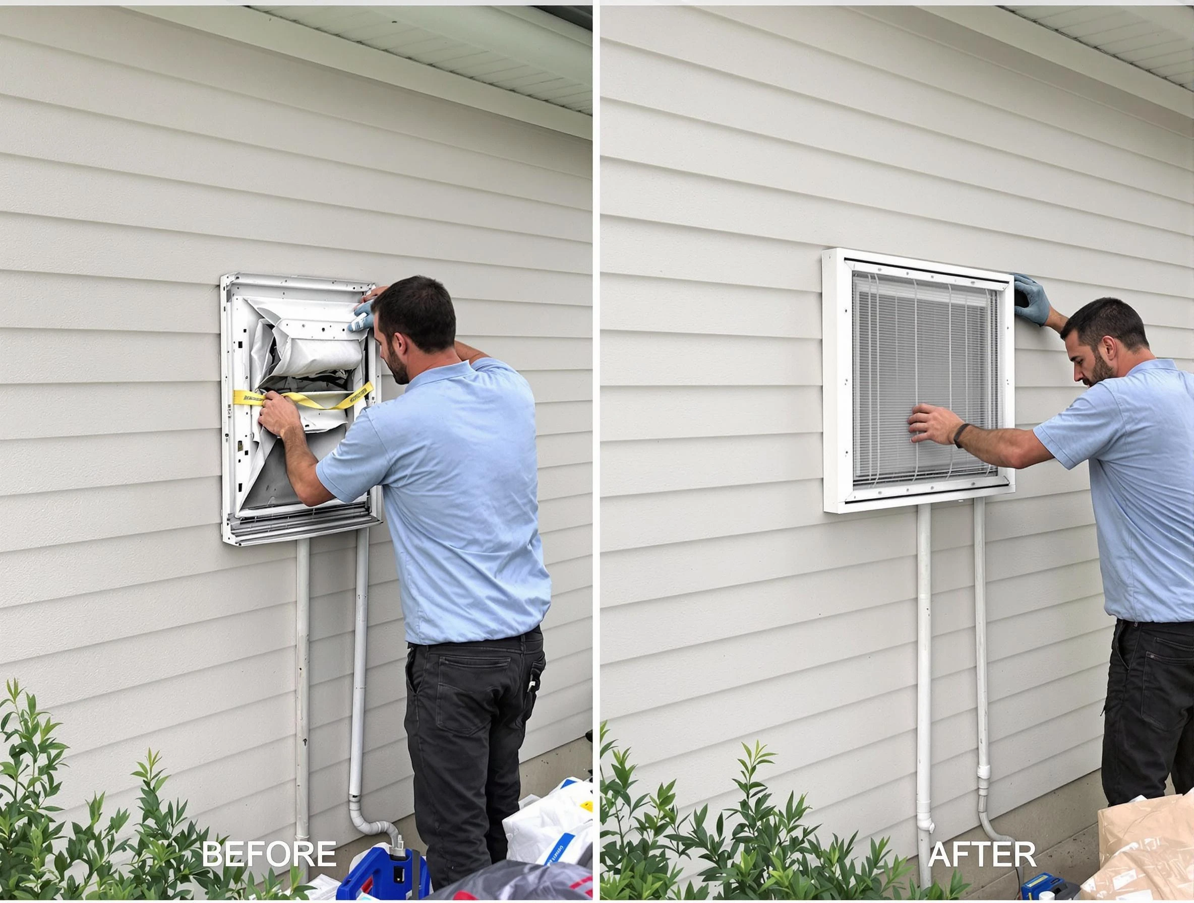 Hemet Dryer Vent Cleaning technician installing high-quality dryer vent cover at a residential property in Hemet